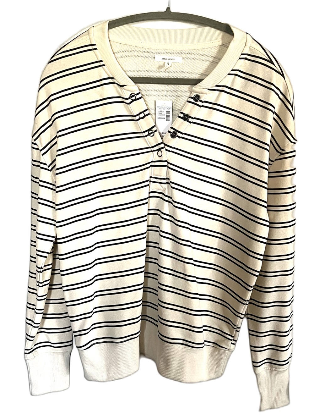 Maurices Cream Black Striped Button Neck Henley Pullover Sweatshirt Fall Winter